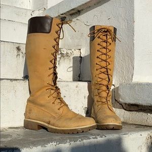 TIMBERLAND nubuck knee high lace up tan boots